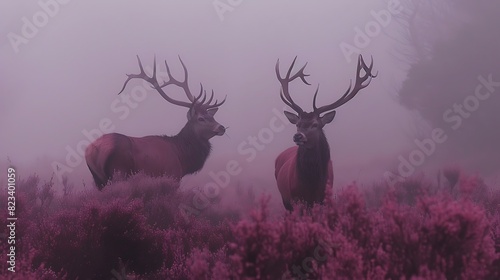 Roaming mistcovered moors of Dartmoor a pair of red deer graze peacefully amidst the heathercovered landscape their antlers silhouetted against the dusky sky