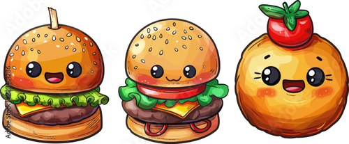 Retro-Style Cartoon Stickers Featuring a Cheerful Character and Other Elements for a Burger Restaurant