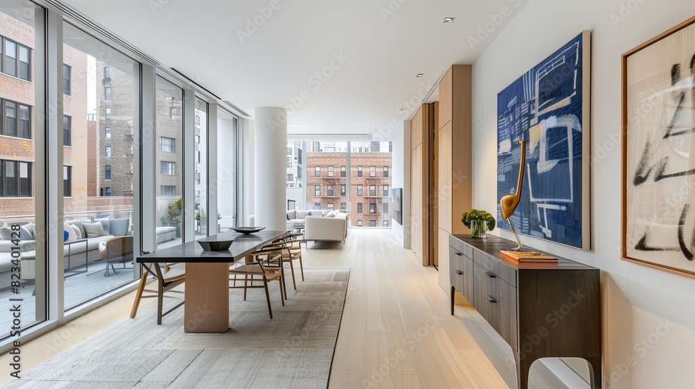 Fototapeta premium An open concept hallway with a light wood floor, white walls, a narrow runner rug, and a stylish console table.