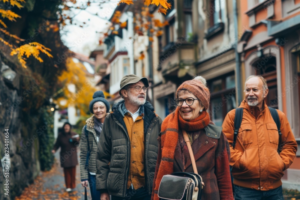 Group of senior friends walking on the street in autumn. Group of older people walking on the street. Group of senior friends walking on the street in autumn. Group of older people walking on the street.