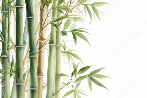 Watercolor depiction of bamboo stalks and leaves on a white background