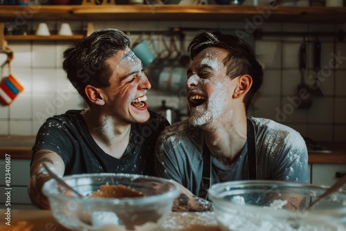Two members of an LGBTQ+ couple sharing a laugh as they bake cookies together, flour on their faces and hands
