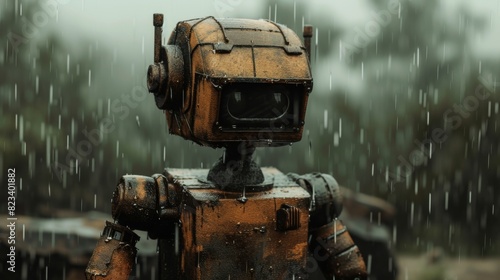 A rusty robot with a camera-like head braves a heavy downpour in a lush, misty landscape, emphasizing solitude and resilience.