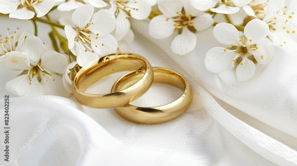 Two golden wedding rings resting on white fabric, surrounded by white flowers, representing the bond and love of a newly married couple. Two golden wedding rings resting on white fabric, surrounded by white flowers, representing the bond and love of a newly married couple.