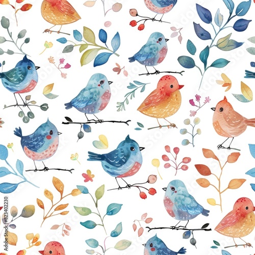 Whimsical Watercolor Birds and Blooms Seamless Pattern