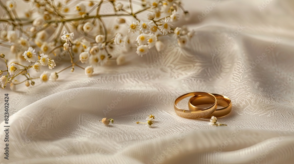 Two golden wedding rings resting on white fabric, surrounded by white flowers, representing the bond and love of a newly married couple. Two golden wedding rings resting on white fabric, surrounded by white flowers, representing the bond and love of a newly married couple.