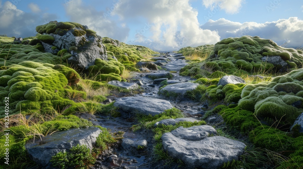 Top of the line CG, surreal photography.Rain-drenched moss on stones along a hiking path. beautiful, romantic, and beautiful lighting. Blue sky, ultra-high definition, front view, Nikon photography, Top of the line CG, surreal photography.Rain-drenched moss on stones along a hiking path. beautiful, romantic, and beautiful lighting. Blue sky, ultra-high definition, front view, Nikon photography,