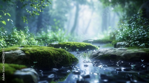 Top of the line CG  surreal photography.A serene woodland scene with wet  mossy stones. beautiful  romantic  and beautiful lighting. Blue sky  ultra-high definition  front view  Nikon photography 