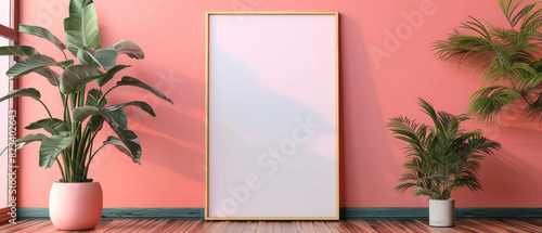 Vertical wooden frame poster on wooden floor with peachful orange banner background copy space mock up area photo
