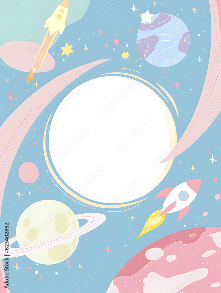Birthday greeting card invitation with a space and meteor, planet, moon, rockes and a blank circle in the center for adding text Birthday greeting card invitation with a space and meteor, planet, moon, rockes and a blank circle in the center for adding text