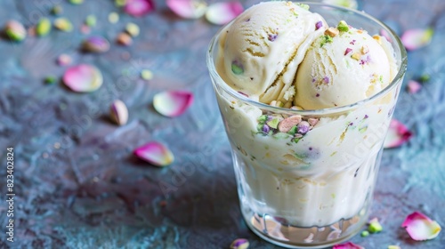 Pistachio Ice Cream Delicious Treat in Glass Cup with Petal Garnish