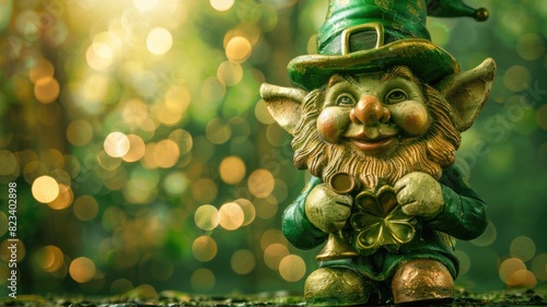 Whimsical garden gnome figurine wearing green hat and holding clover photo