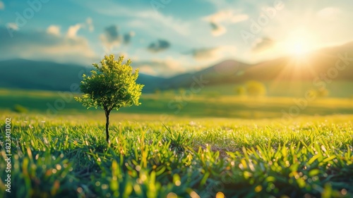 Lonely tree sapling on sunlit grassy field with distant mountains photo
