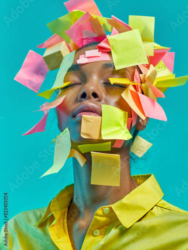 A face covered with colorful post-its. Person with sticky notes all over her face over blue background