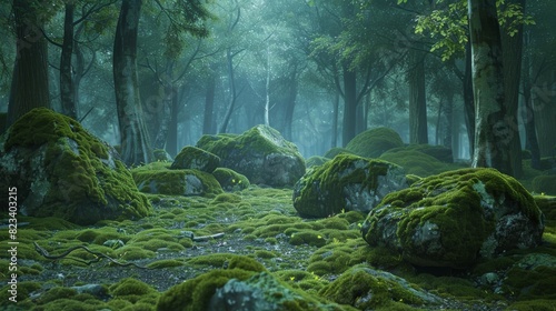 Top of the line CG  surreal photography.Moss-covered rocks in a rain-washed woodland setting. beautiful  romantic  and beautiful lighting. Blue sky  ultra-high definition  front view  Nikon