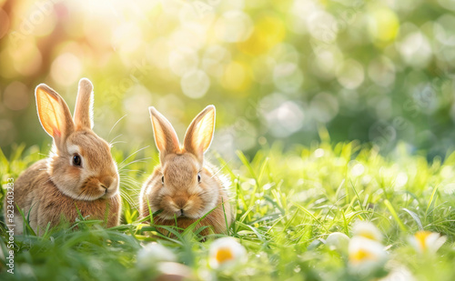 Two rabbits sitting in grassy field with daisies, warm sunlight filtering through