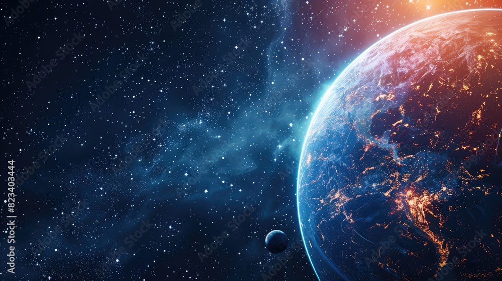 Obraz premium Digitally created image of Earth and smaller celestial body against starry space background, suggesting view from