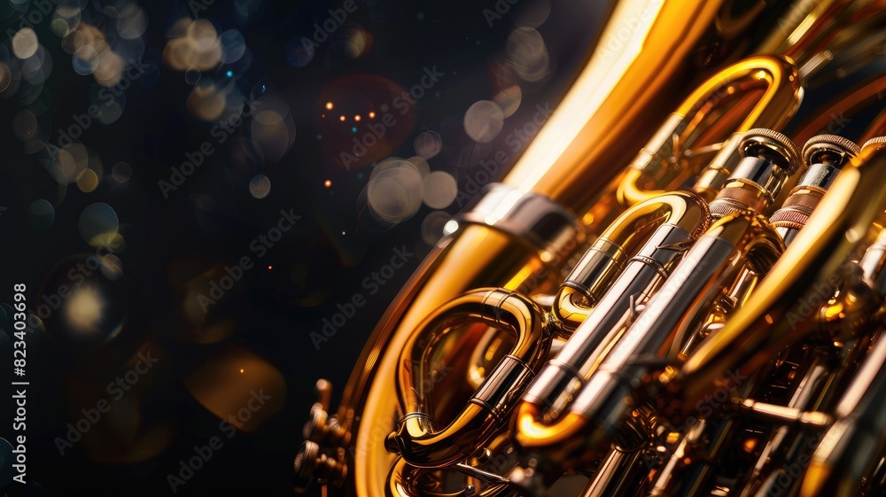 Fototapeta premium Close-up of shiny brass instrument with valves in warm lighting