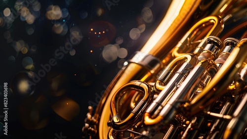 Close-up of shiny brass instrument with valves in warm lighting