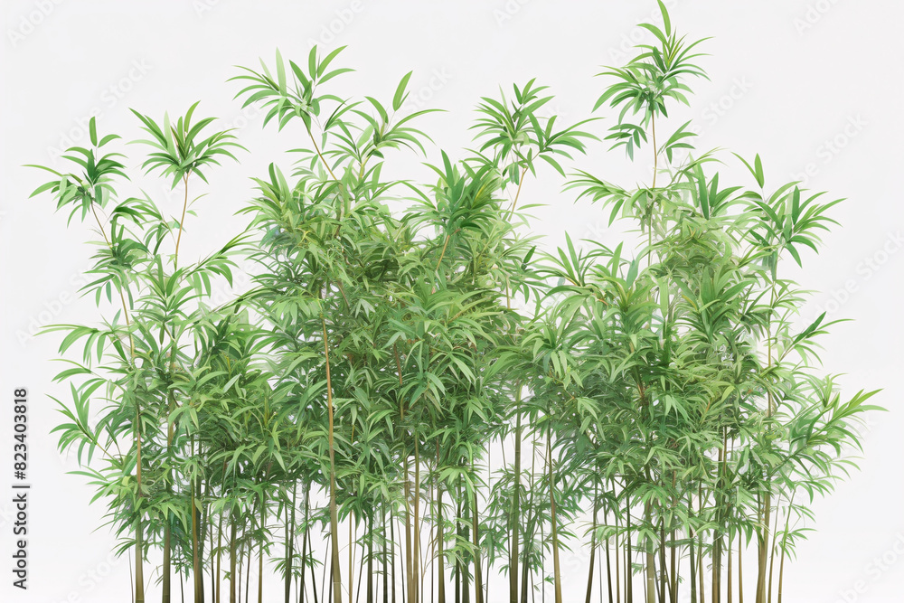 Obraz premium Thick bamboo forest with numerous green stems and lush foliage against a white background