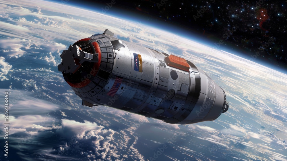 Fototapeta premium An artists rendering of a cutting-edge space station soaring above Earths atmosphere.