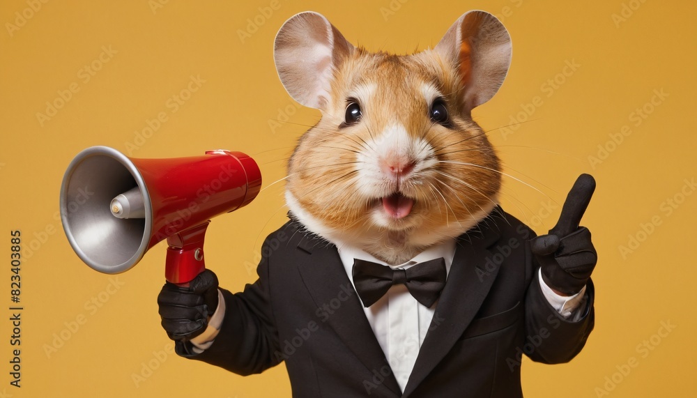 Fototapeta premium hamster in a suit holding a red megaphone, cute animal in a dress making an announcement, yellow background