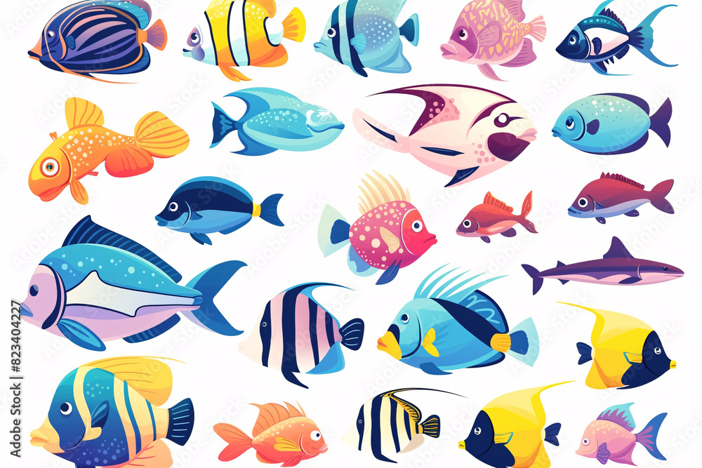 Illustration of twenty different colorful tropical fish on a white background