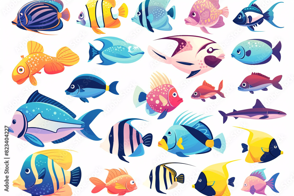 Illustration of twenty different colorful tropical fish on a white background Illustration of twenty different colorful tropical fish on a white background