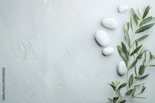 Olive Branch with White Stones on Light Grey Background, Flat Lay