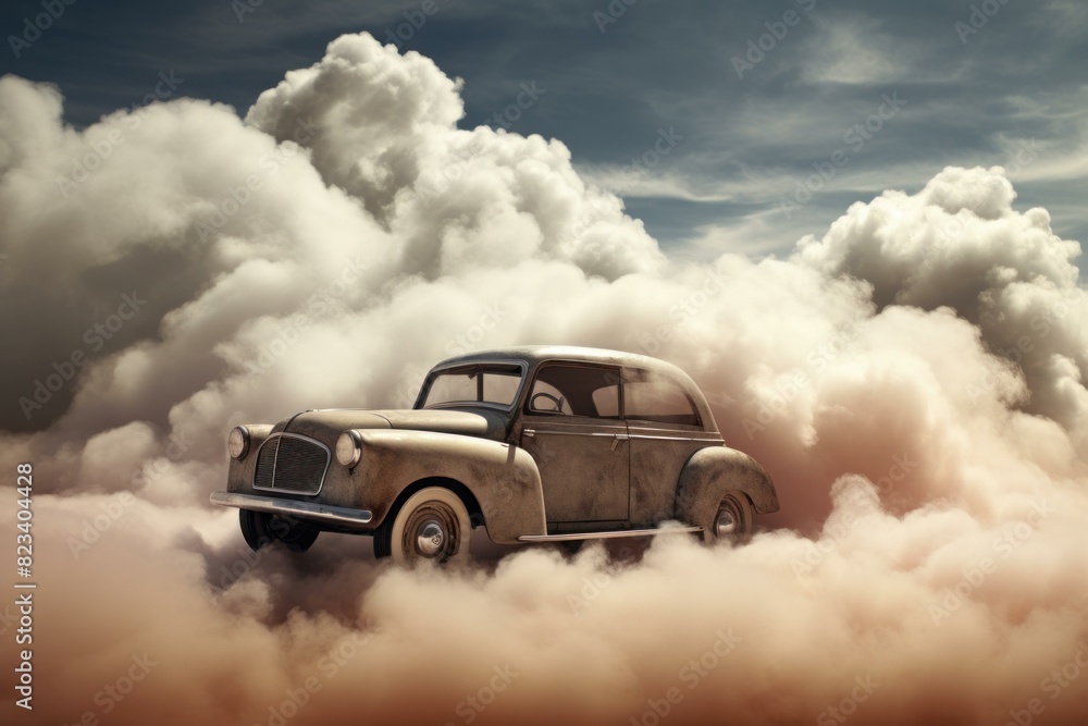 Surreal scene of a classic car floating in a dreamy cloud-filled sky, evoking a sense of adventure and nostalgia Surreal scene of a classic car floating in a dreamy cloud-filled sky, evoking a sense of adventure and nostalgia