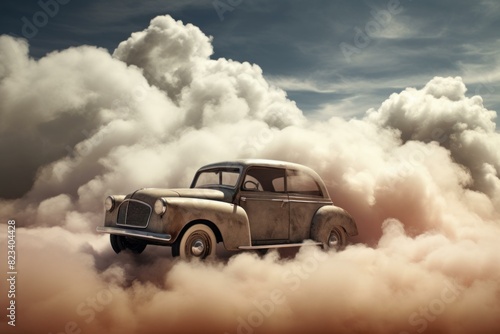 Surreal scene of a classic car floating in a dreamy cloud-filled sky  evoking a sense of adventure and nostalgia