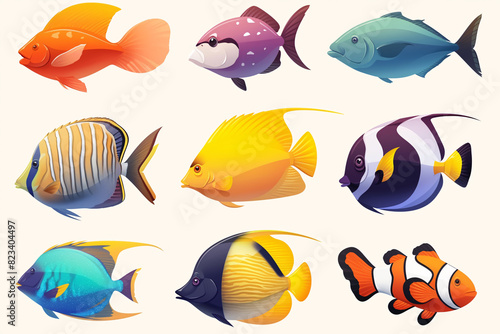 Illustration of nine colorful tropical fish varieties on a white background