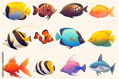 Twelve vibrant tropical fish illustrations with distinct patterns and colors