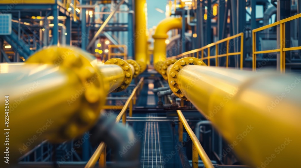 Detailed view of bright yellow pipes interconnected within an industrial oil refinery setting. Detailed view of bright yellow pipes interconnected within an industrial oil refinery setting.