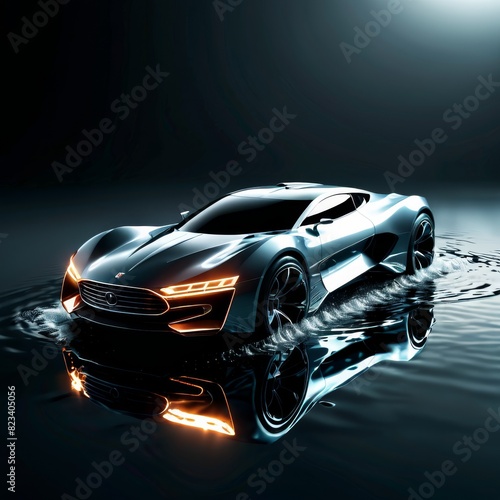 A conceptual design of a futuristic sports car with glowing lines, splashing through water in a dark, atmospheric setting.