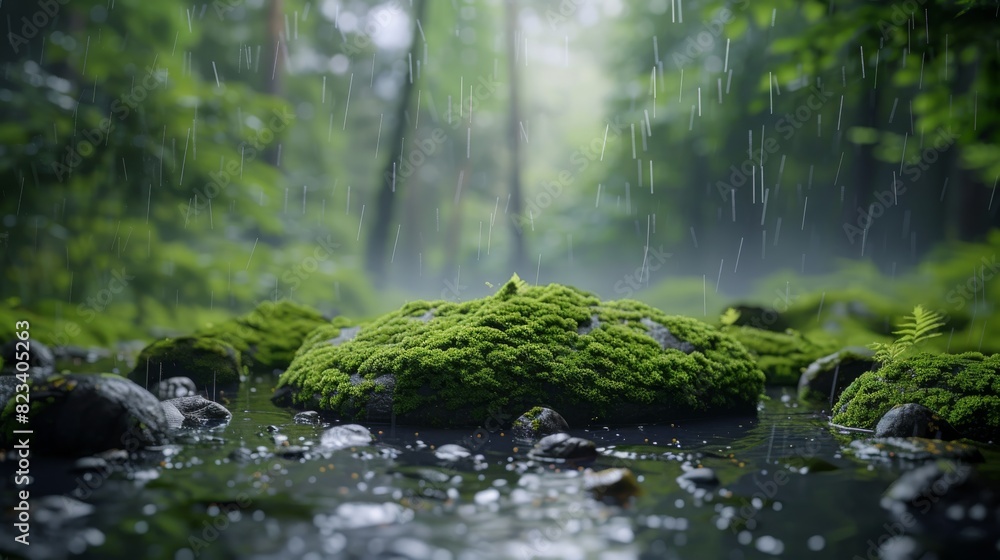 Top of the line CG, surreal photography.Wet moss on stones in a shaded, rainy woodland. beautiful, romantic, and beautiful lighting. Blue sky, ultra-high definition, front view, Nikon photography, Top of the line CG, surreal photography.Wet moss on stones in a shaded, rainy woodland. beautiful, romantic, and beautiful lighting. Blue sky, ultra-high definition, front view, Nikon photography,