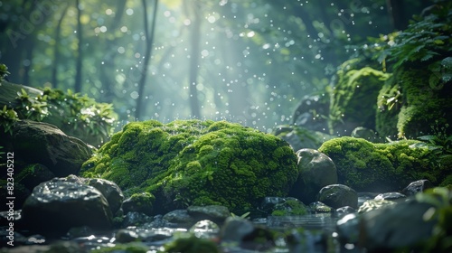 Top of the line CG  surreal photography.Wet moss on stones in a shaded  rainy woodland. beautiful  romantic  and beautiful lighting. Blue sky  ultra-high definition  front view  Nikon photography 