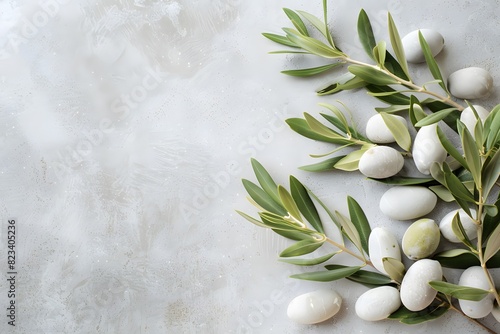 Olive Branch with White Stones on Light Grey Background
