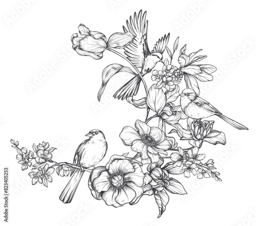 Beautiful hand drawn vector composition with black and white blooming spring garden flowers, birds
