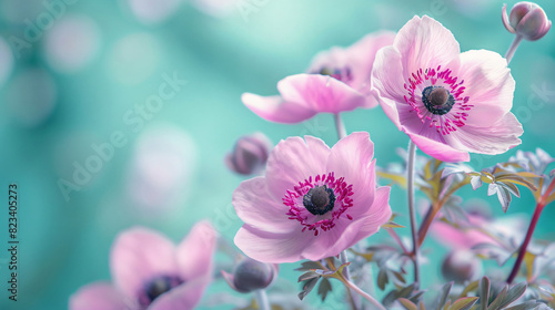 Gently pink flowers of anemones outdoors in summer spr