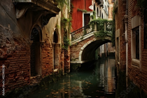 Mysterious and serene view of a canal in venice, with historic buildings and arch bridge © juliars