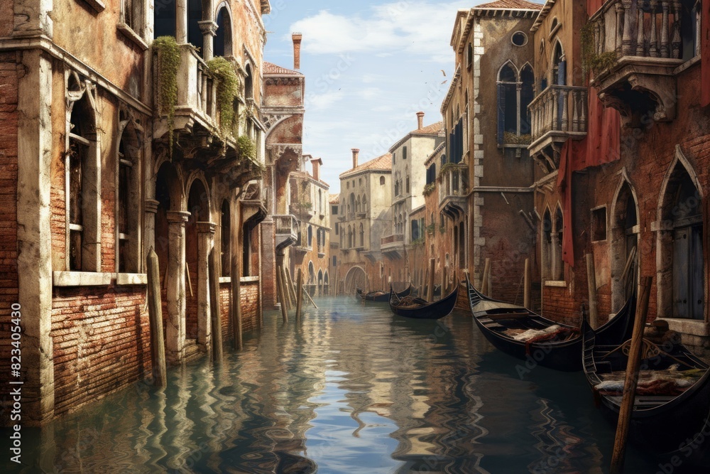 Classic venetian scene with gondolas gently floating along a tranquil canal, flanked by historic buildings