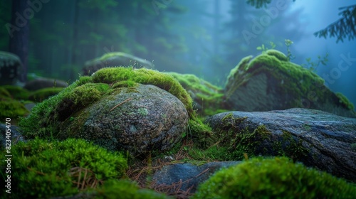 Top of the line CG  surreal photography.Rain-soaked moss on stones in a damp  misty forest. beautiful  romantic  and beautiful lighting. Blue sky  ultra-high definition  front view  Nikon