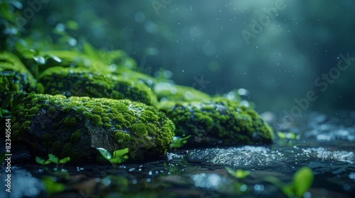 Top of the line CG  surreal photography.Rain-soaked moss on stones in a damp  misty forest. beautiful  romantic  and beautiful lighting. Blue sky  ultra-high definition  front view  Nikon