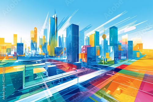Stylized abstract cityscape with bright geometric patterns and towering buildings