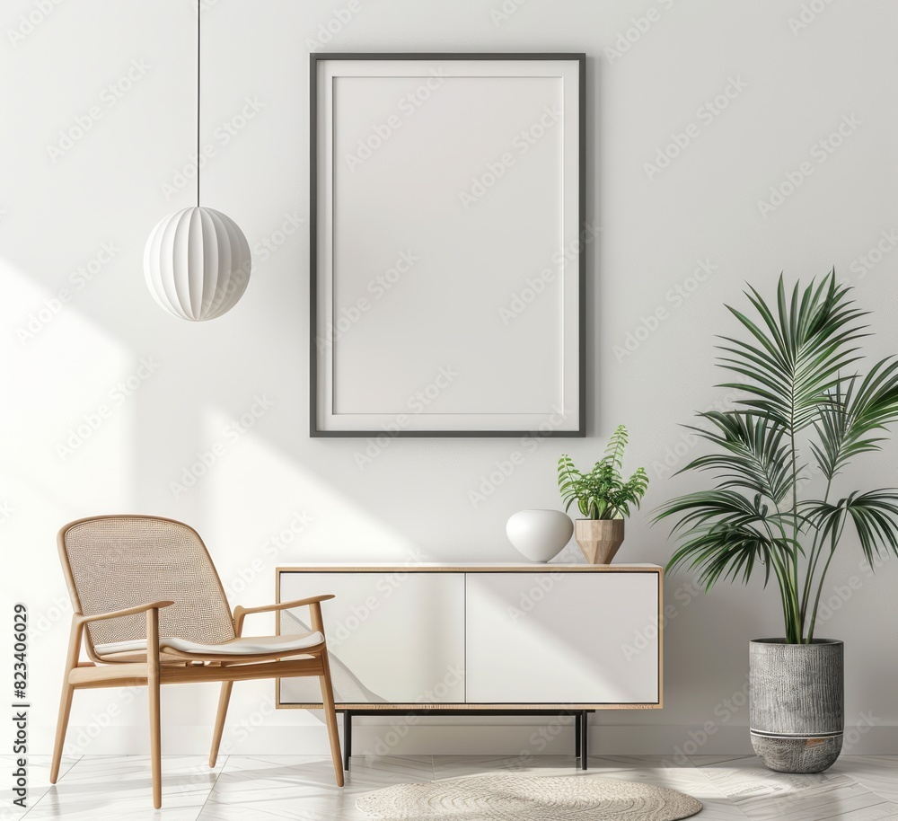 A mockup of an empty blank poster frame on the wall above modern sideboard in light grey and white interior