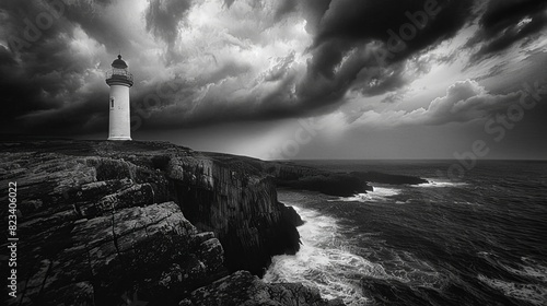 Lighthouse on a cliff during a storm for travel or coastal themed designs