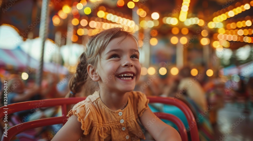 Obraz premium A family enjoying the Calgary Stampede Festival, with children laughing on a merry-go-round and parents capturing the moment with their phones
