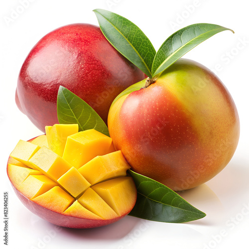 Two Pieces of Mango Fruit With Leaves on a White Background