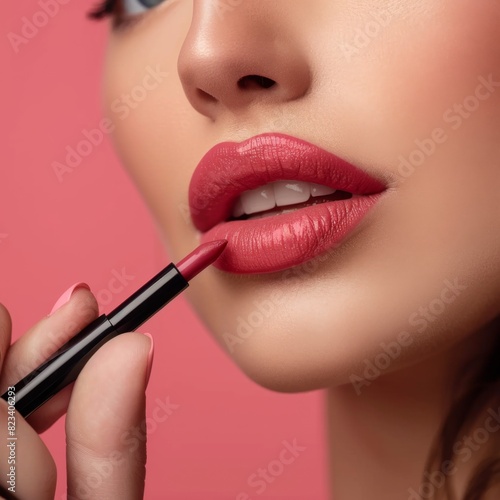 A woman is carefully applying lipstick to her lips in a close-up beauty procedure.